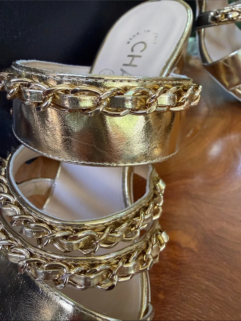CHANEL Gold Chain-Trim High Block Heel Mules